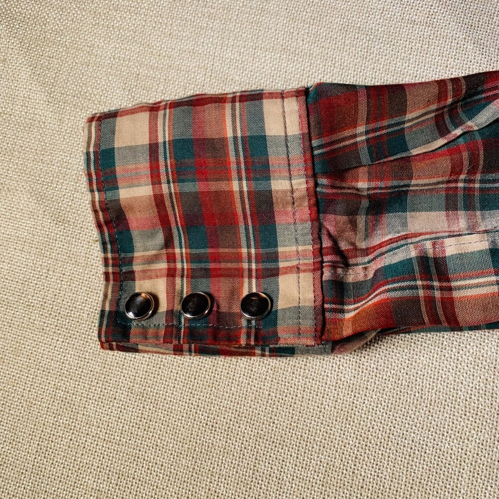 Wrangler Men's Plaid Long‎ Tails Western Black Snap Shirt Red Green - Picture 8 of 9
